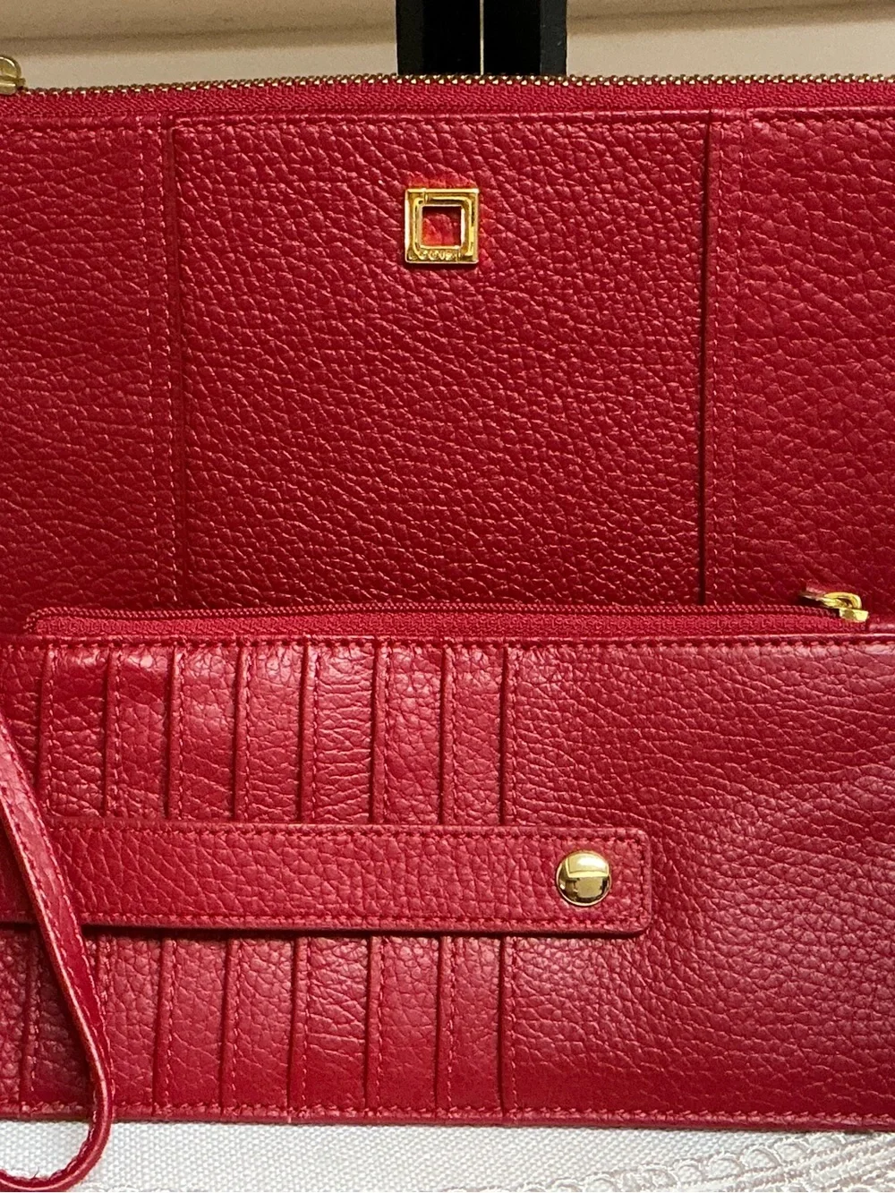 Lodis Red Pebbled Leather Wristlet with Gold Hardware & Card Holder